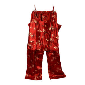 Private Lives Pajama Set Womens 3X Leaf Print Red Satin 2 Pc Cami Top and Bottom